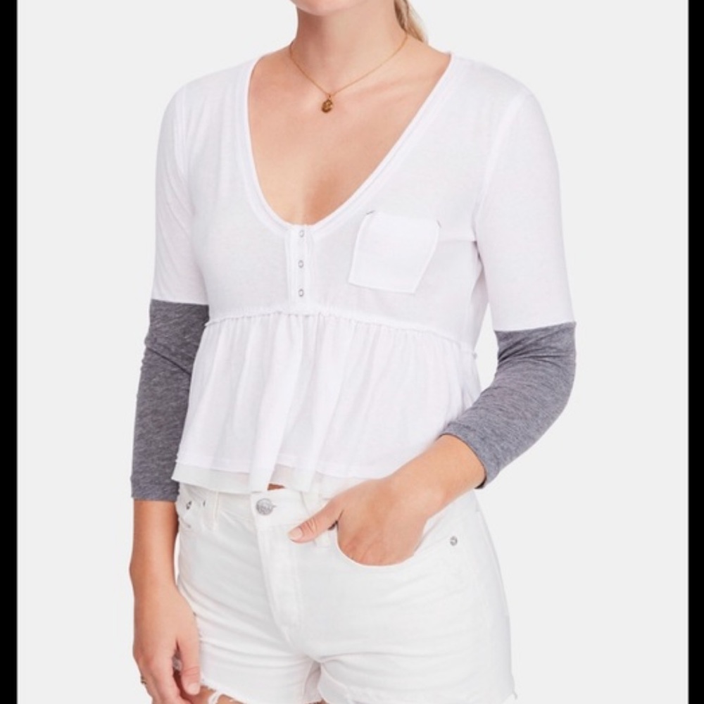 We the Free People Women's Large Top Heart of Mine Henley Gray White Raw Hem